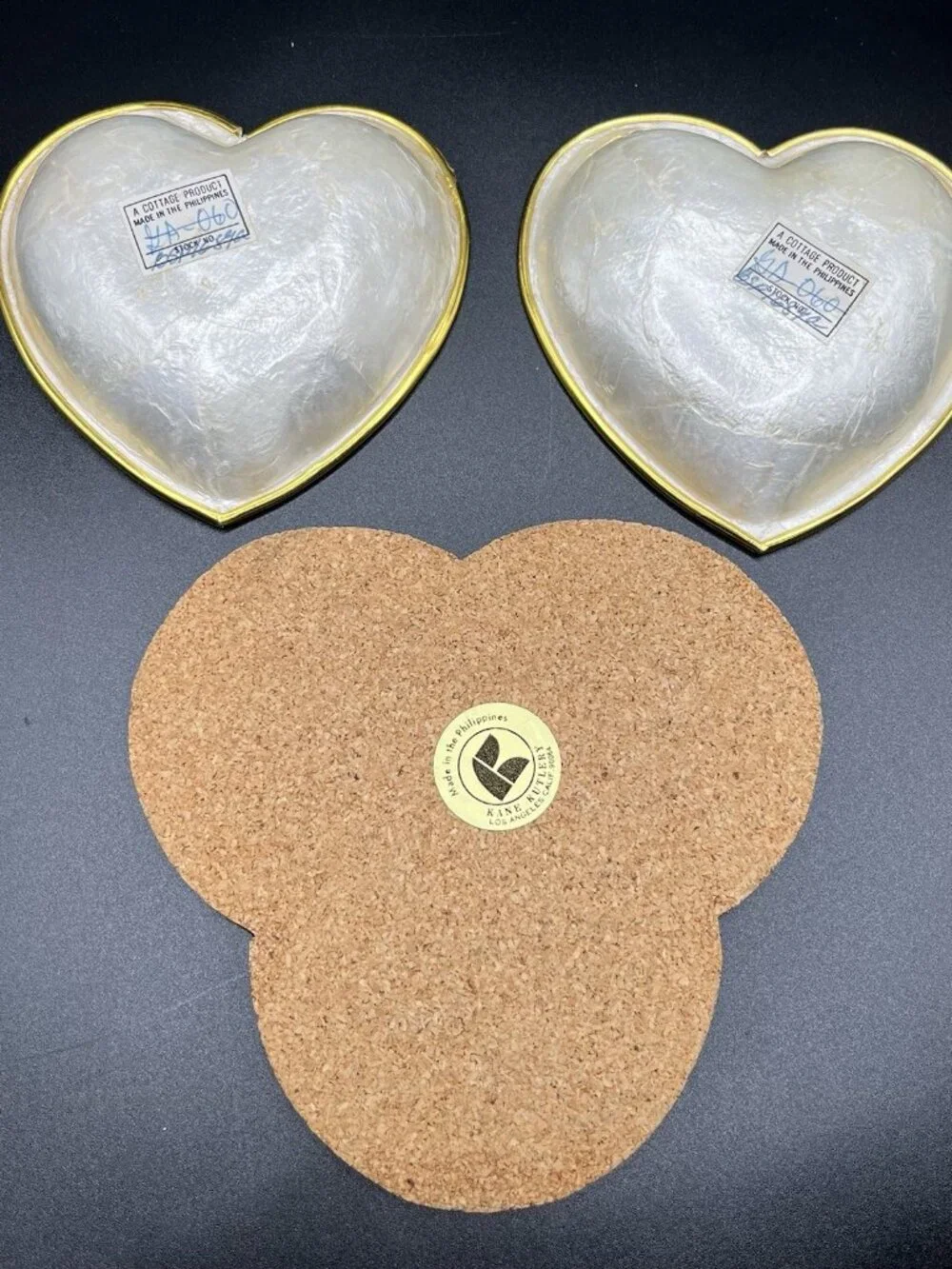VTG Capiz Shell Heart Trinket Bowls & Plate Set Gold Trim Philippines Cottage